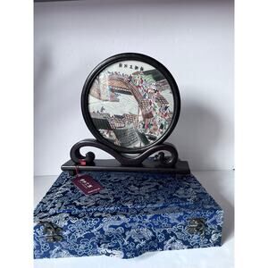 Chinese Silk Embroidery Screen w/ Stand & Box Haitang